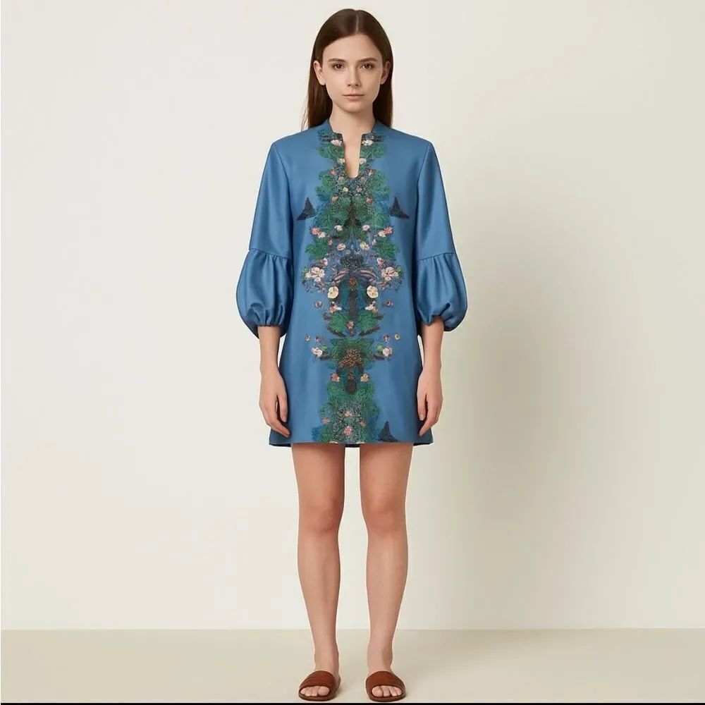 New York & Company Blue Flared Sleeved Floral Cottage Ruffle Sleeve Loose Dress